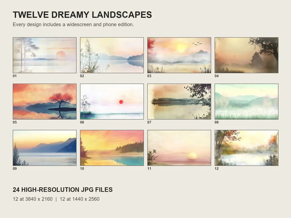 Grid showing all twelve dreamy painted landscape designs included in the desktop and phone wallpaper collection