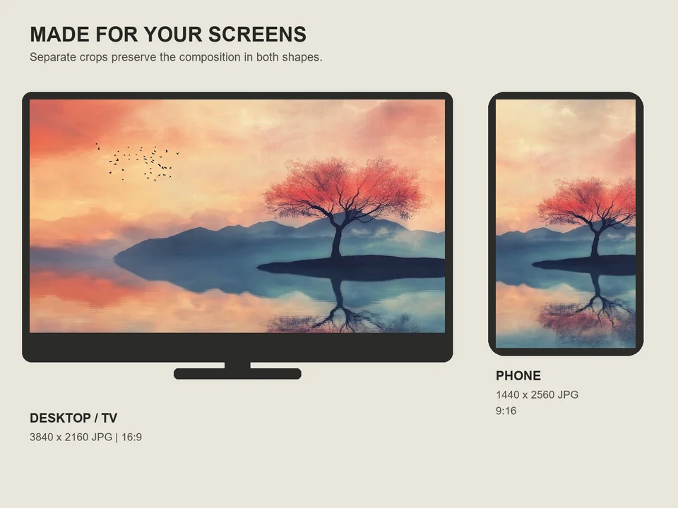 Red-tree lake landscape shown in widescreen desktop and portrait phone formats to demonstrate the two supplied crops