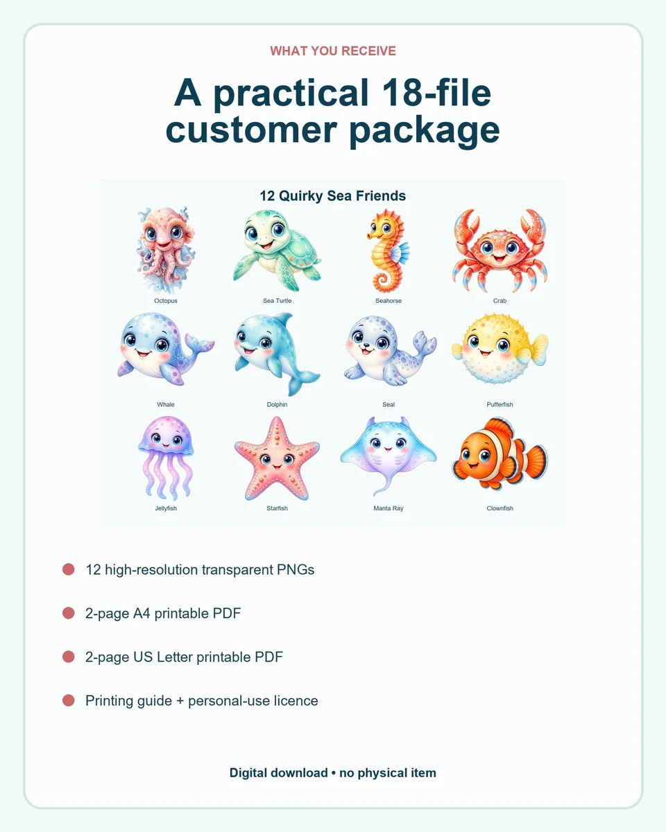 The twelve Quirky Sea Friends characters with the exact transparent PNG and printable PDF package contents.