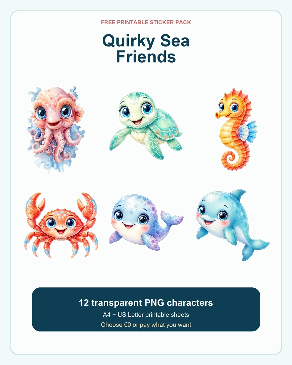 Twelve cheerful watercolor sea-animal sticker characters, including an octopus, turtle, seahorse, crab, whale, dolphin, seal and colourful fish.