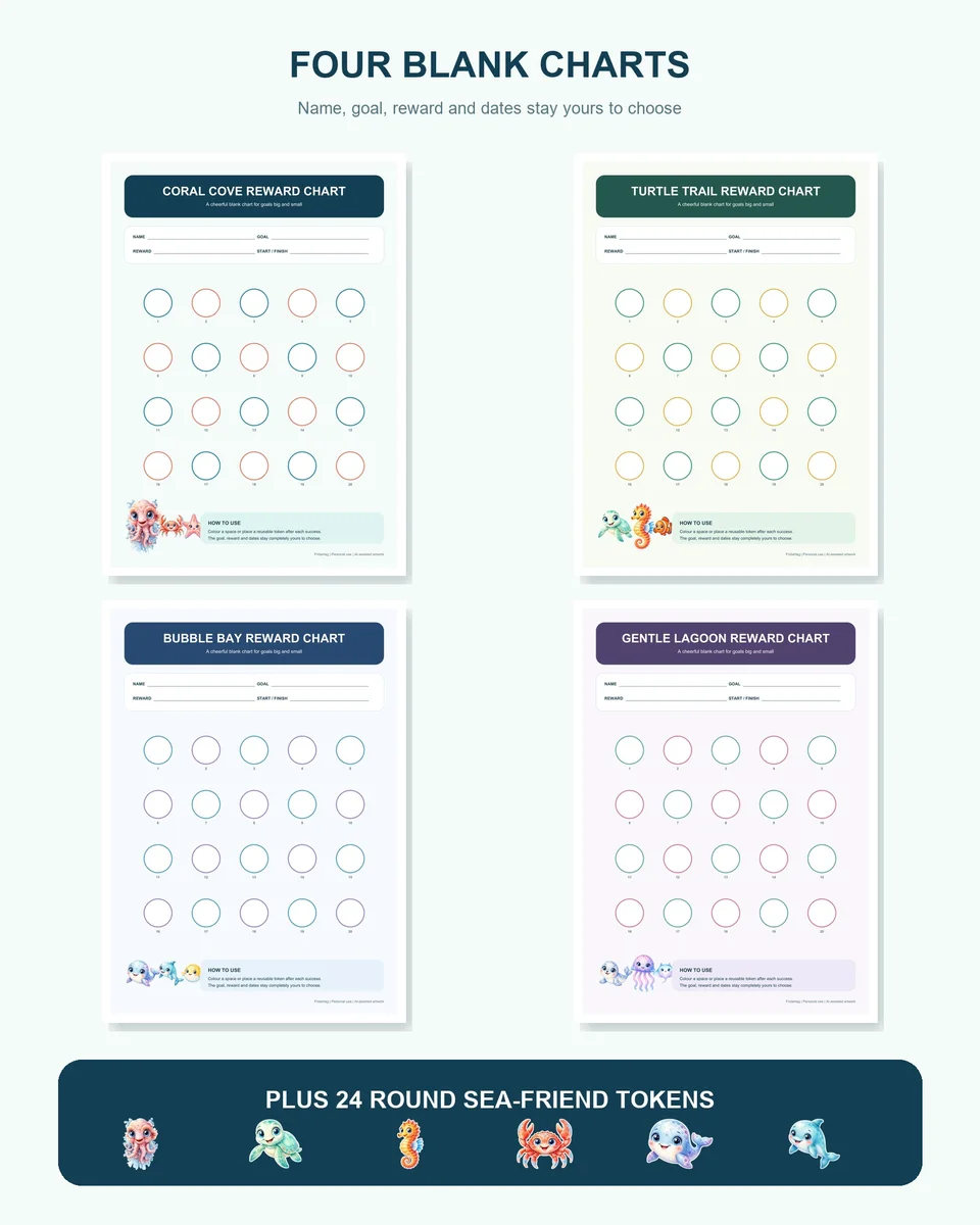 The four blank reward-chart themes and the complete A4 and US Letter package contents.
