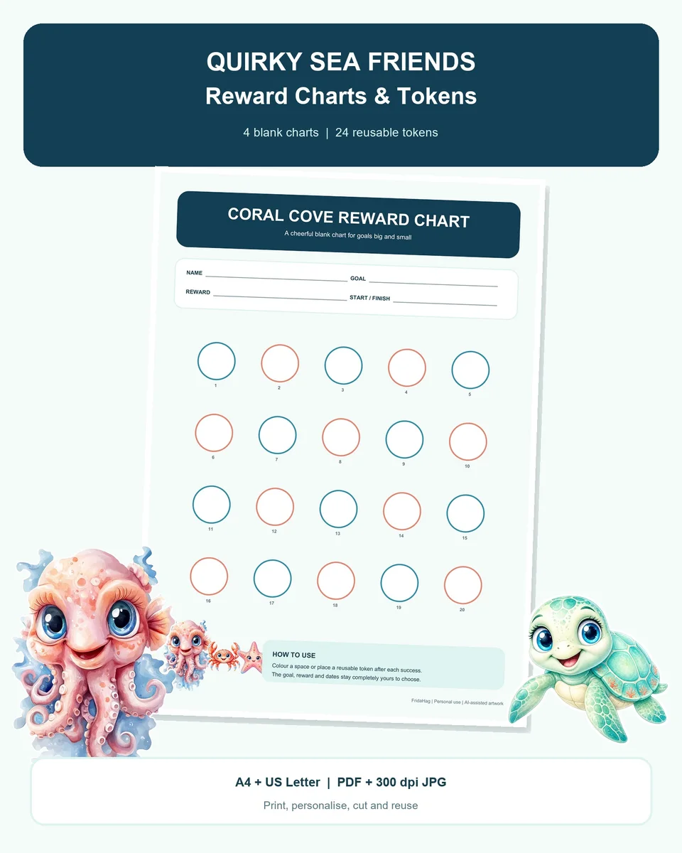 Four blank sea-animal reward charts and a sheet of 24 round reusable character tokens.
