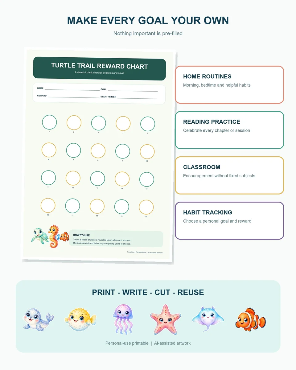 A blank sea-friend reward chart with examples for routines, reading, classroom encouragement and habit tracking.