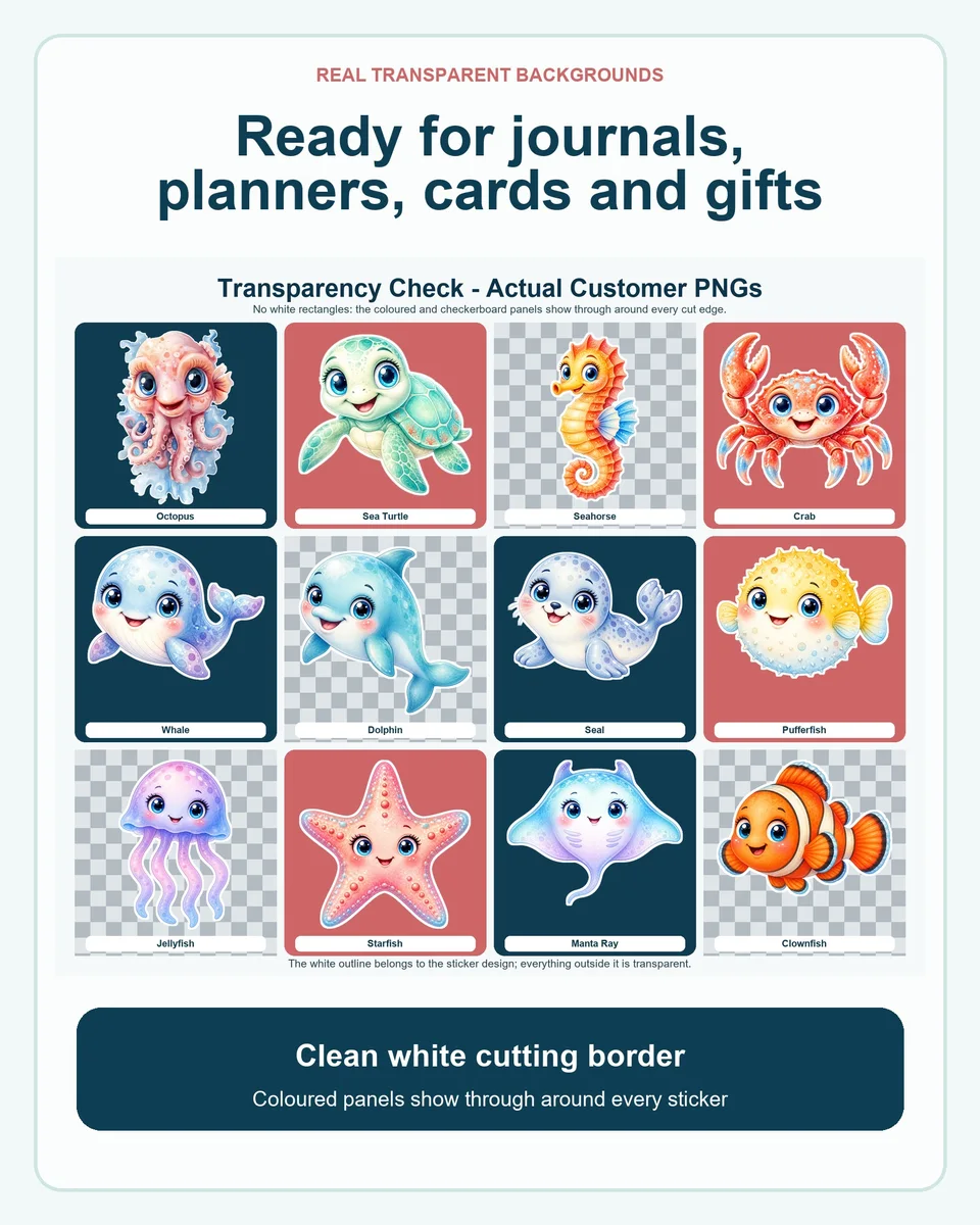 The twelve sea-friend stickers displayed over dark blue, coral and checkerboard panels to demonstrate genuine transparency.