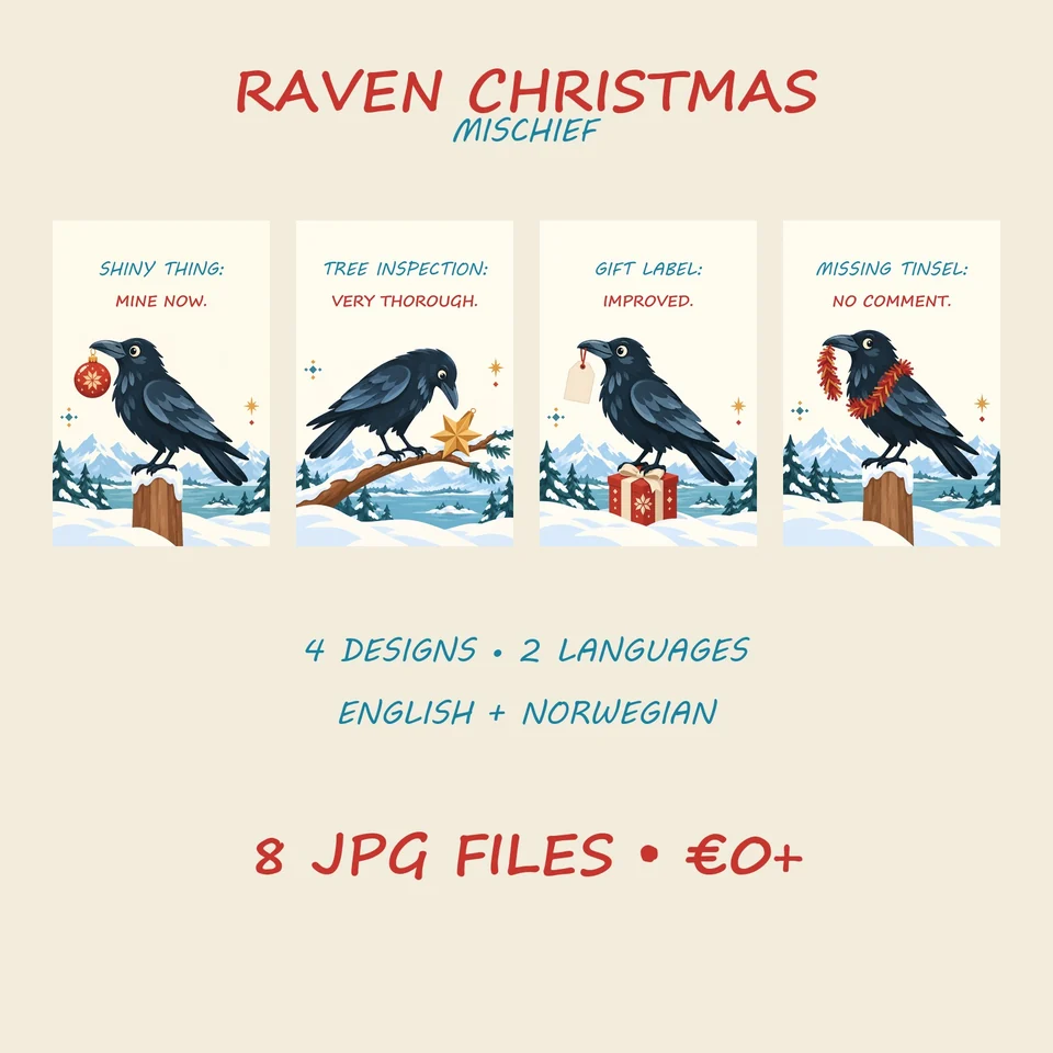 Four flat Scandinavian Christmas posters featuring mischievous black ravens in snowy Nordic scenes