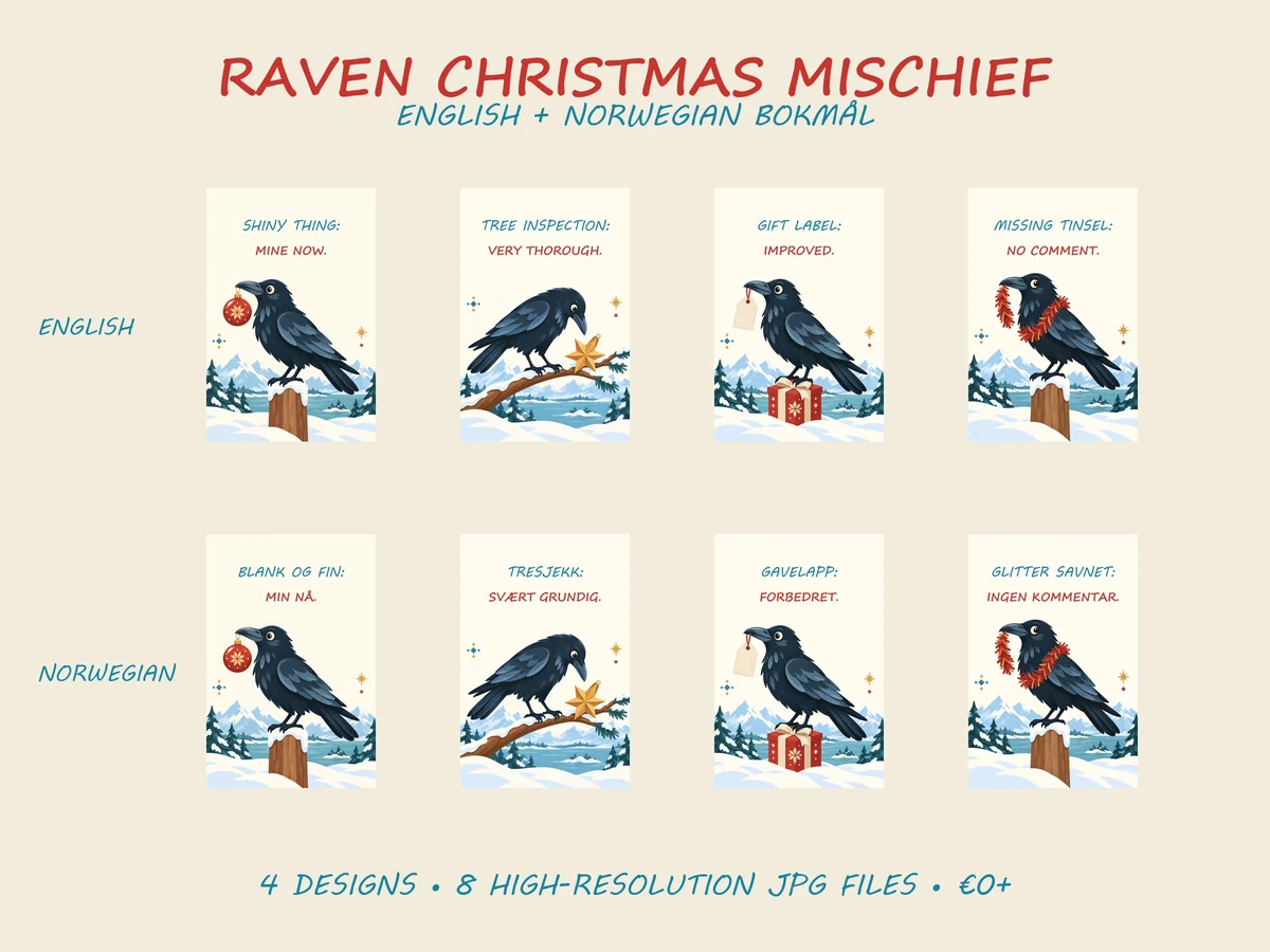 Bilingual gallery showing all eight four flat scandinavian christmas posters featuring mischievous black ravens in snowy nordic scenes