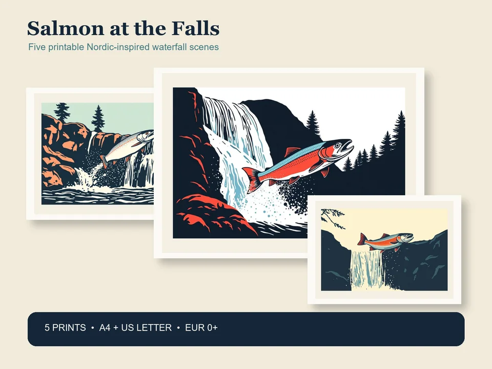Three framed Nordic-inspired salmon-and-waterfall prints in navy, coral, blue and cream, with the title Salmon at the Falls and EUR 0+ offer