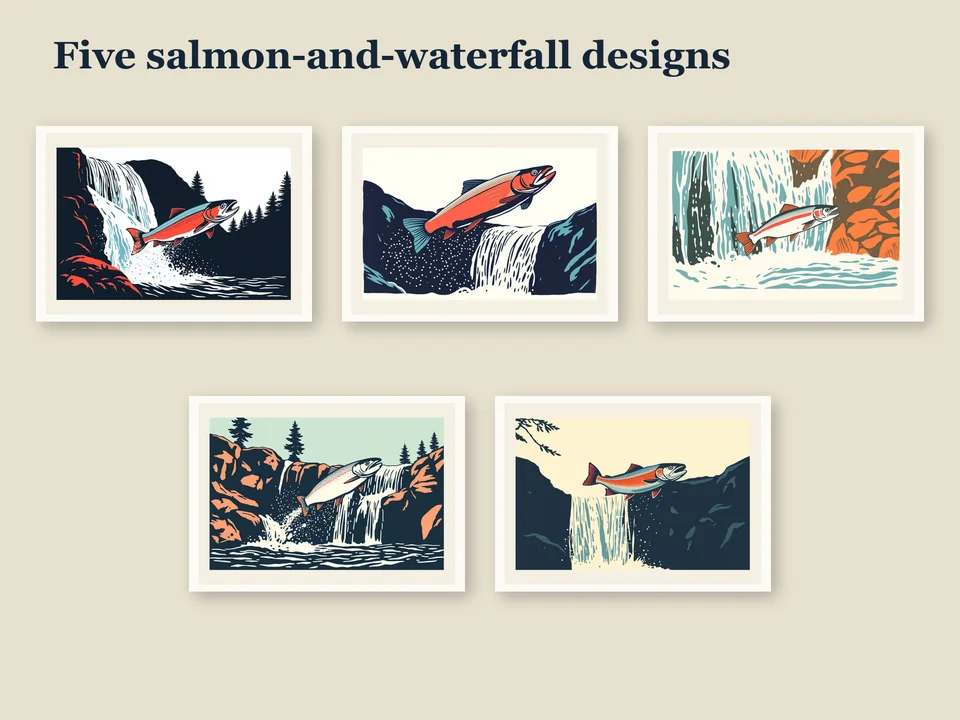 All five coordinated printable salmon-and-waterfall designs arranged in a framed gallery grid