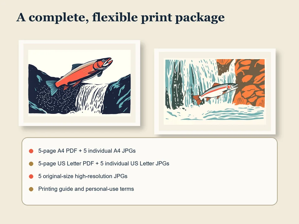 Two framed salmon prints above a list of the included A4, US Letter, high-resolution JPG and printing-guide files
