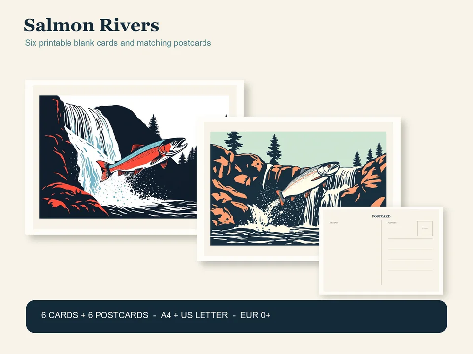 Two overlapping printable salmon cards in navy, coral, blue and cream beside the title Salmon Rivers and a banner describing six cards, six postcards, A4 and US Letter, and EUR 0+