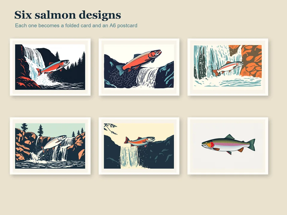 All six Nordic-inspired salmon designs arranged in a two-row gallery grid in coordinating river colours