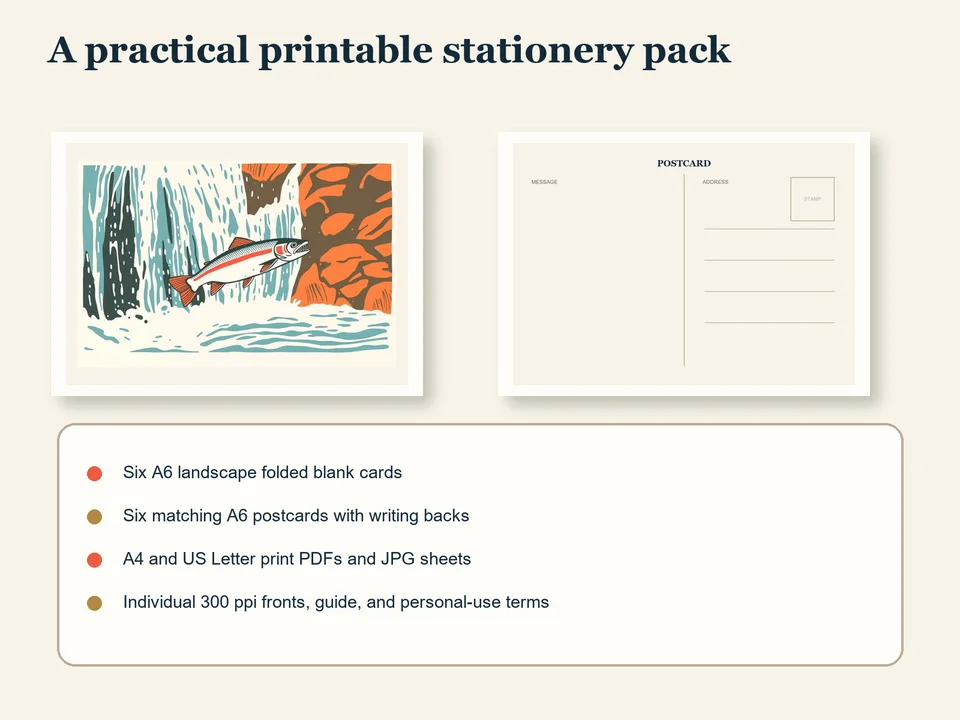 A salmon postcard front beside its practical message-and-address back, with a list of the included folded-card, postcard, PDF, JPG and printing-guide files