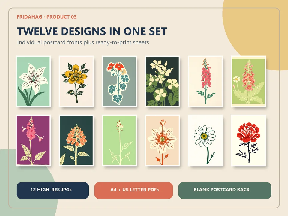Preview showing all twelve botanical designs, A4 and US Letter PDFs, individual JPGs and a blank writing back