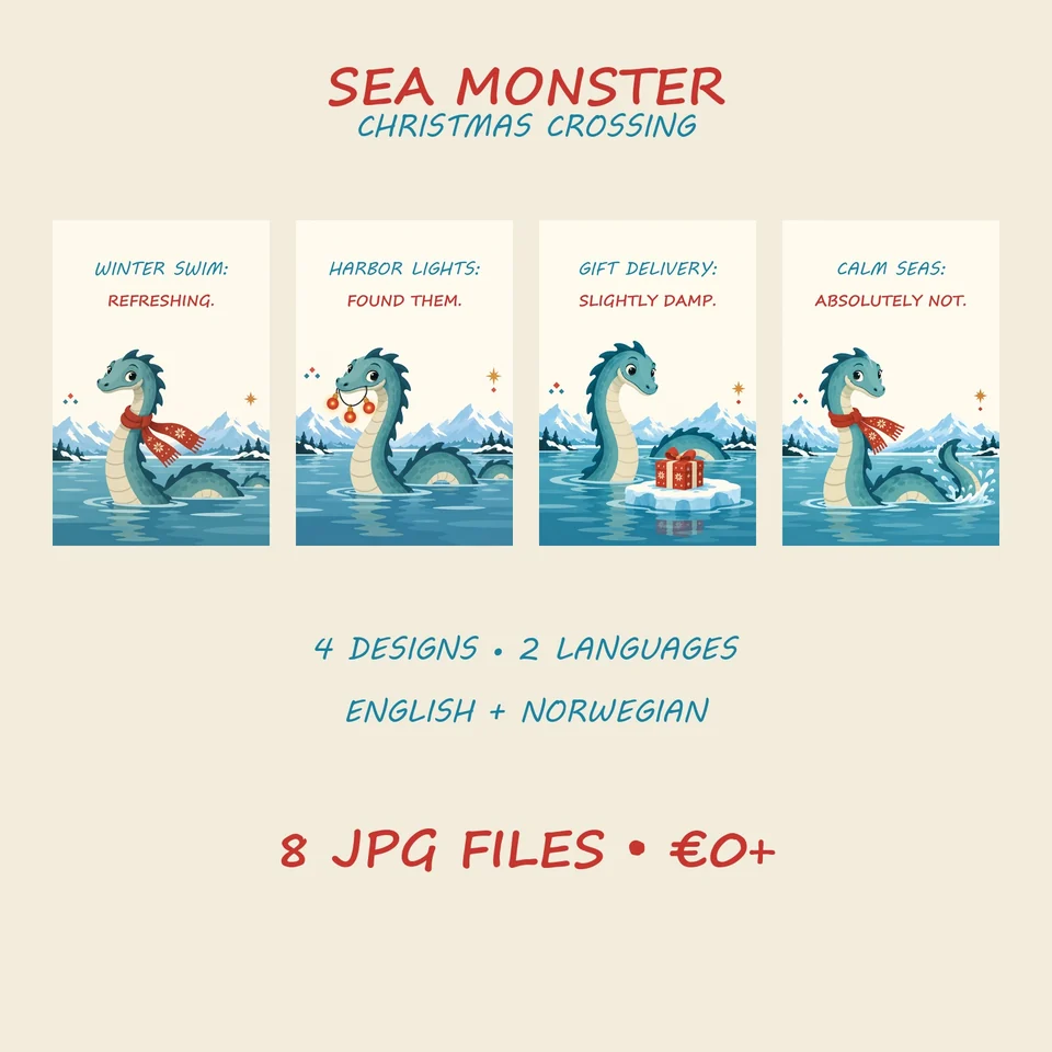 Four flat Scandinavian Christmas posters featuring playful teal sea monsters in snowy coastal scenes