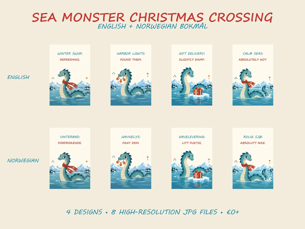 Bilingual gallery showing all eight four flat scandinavian christmas posters featuring playful teal sea monsters in snowy coastal scenes