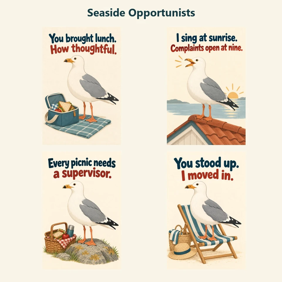 Seaside Opportunists: four animal poster designs