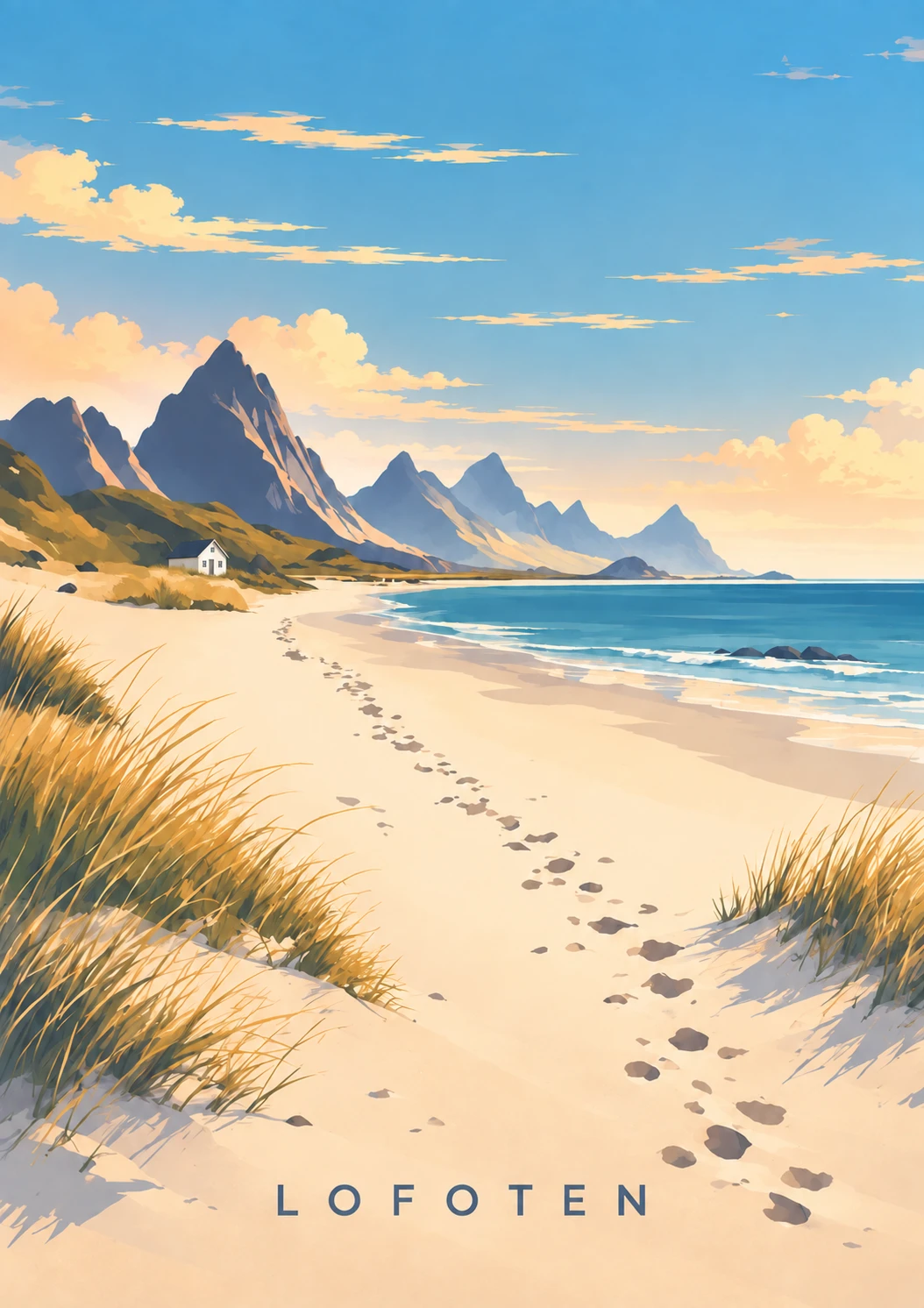 Beach Walk portrait illustration with LOFOTEN lettering