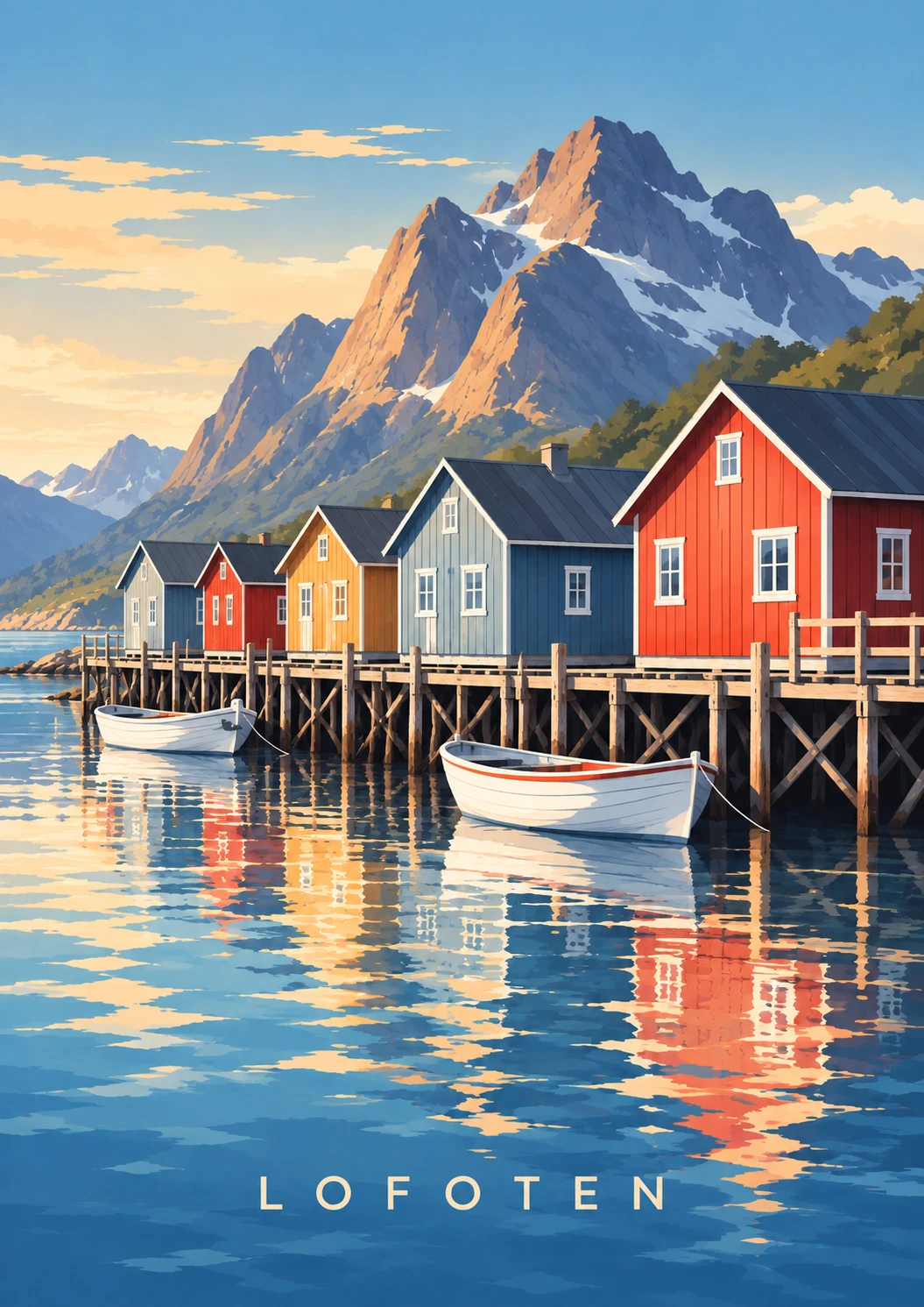 Waterfront Cabins portrait illustration with LOFOTEN lettering