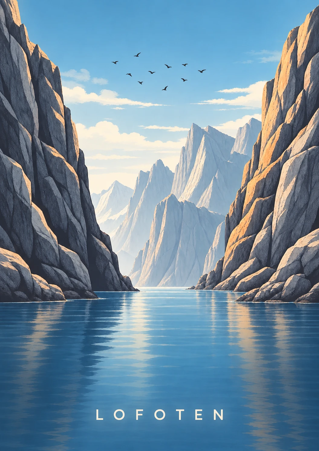 Bird Cliffs portrait illustration with LOFOTEN lettering