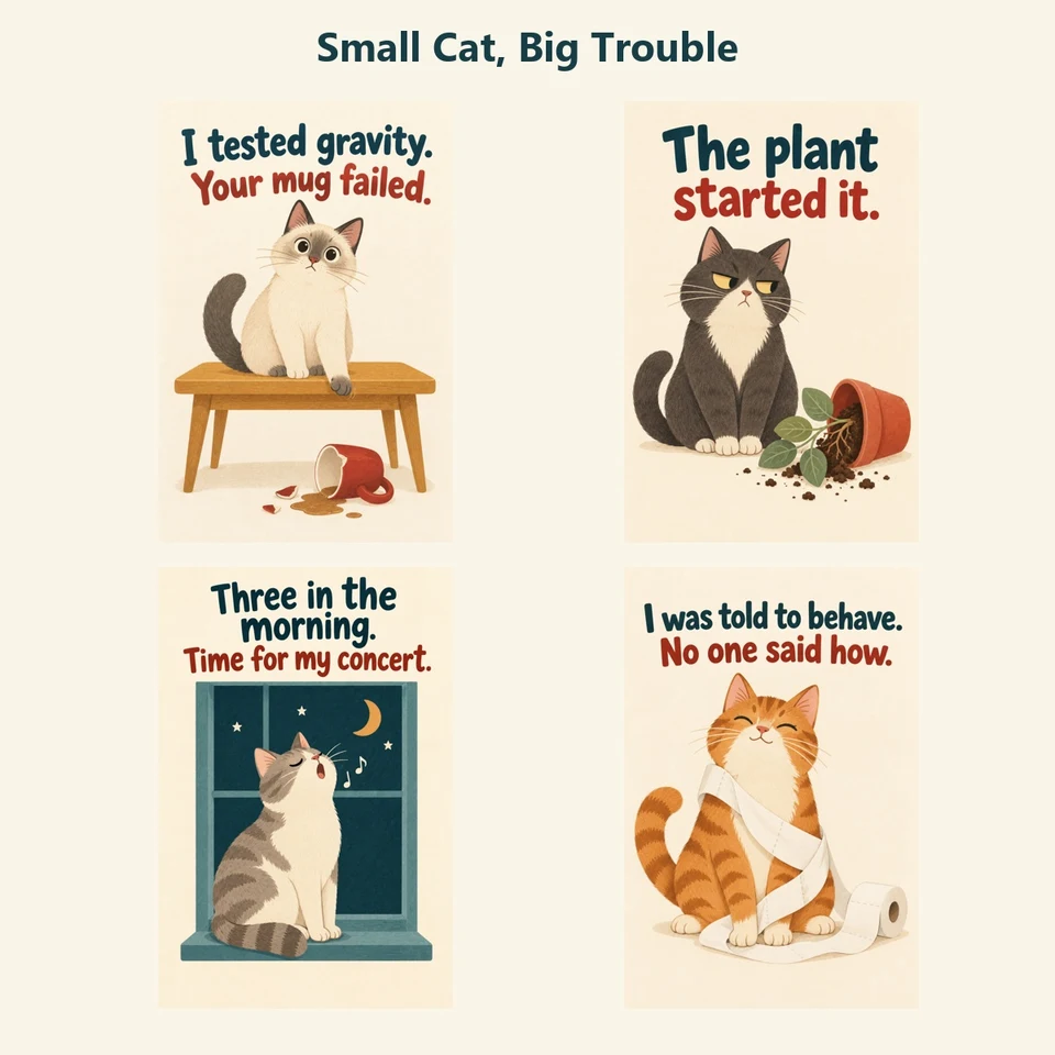 Small Cat, Big Trouble: four cat poster designs