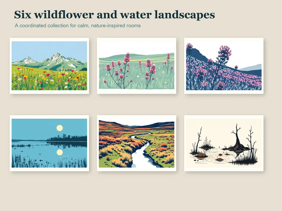 All six printable wildflower, thistle, river and quiet-water landscapes arranged in a coordinated framed gallery grid