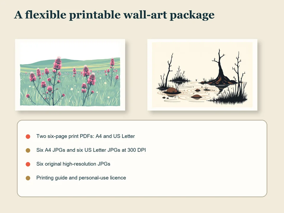 Two framed thistle and bog-water prints above a list of the included A4, US Letter, high-resolution JPG and printing-guide files