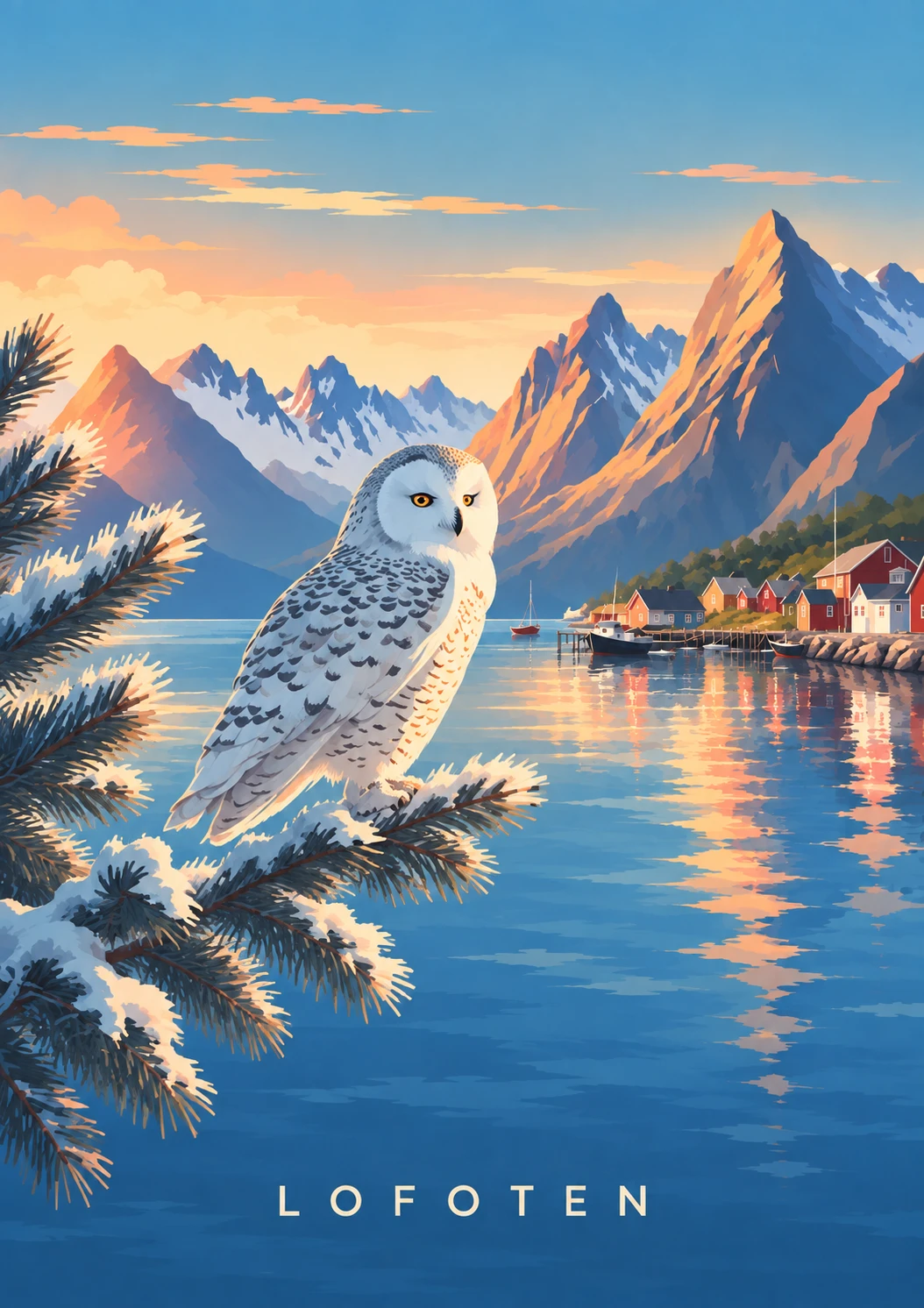 Snowy Owl portrait illustration with LOFOTEN lettering