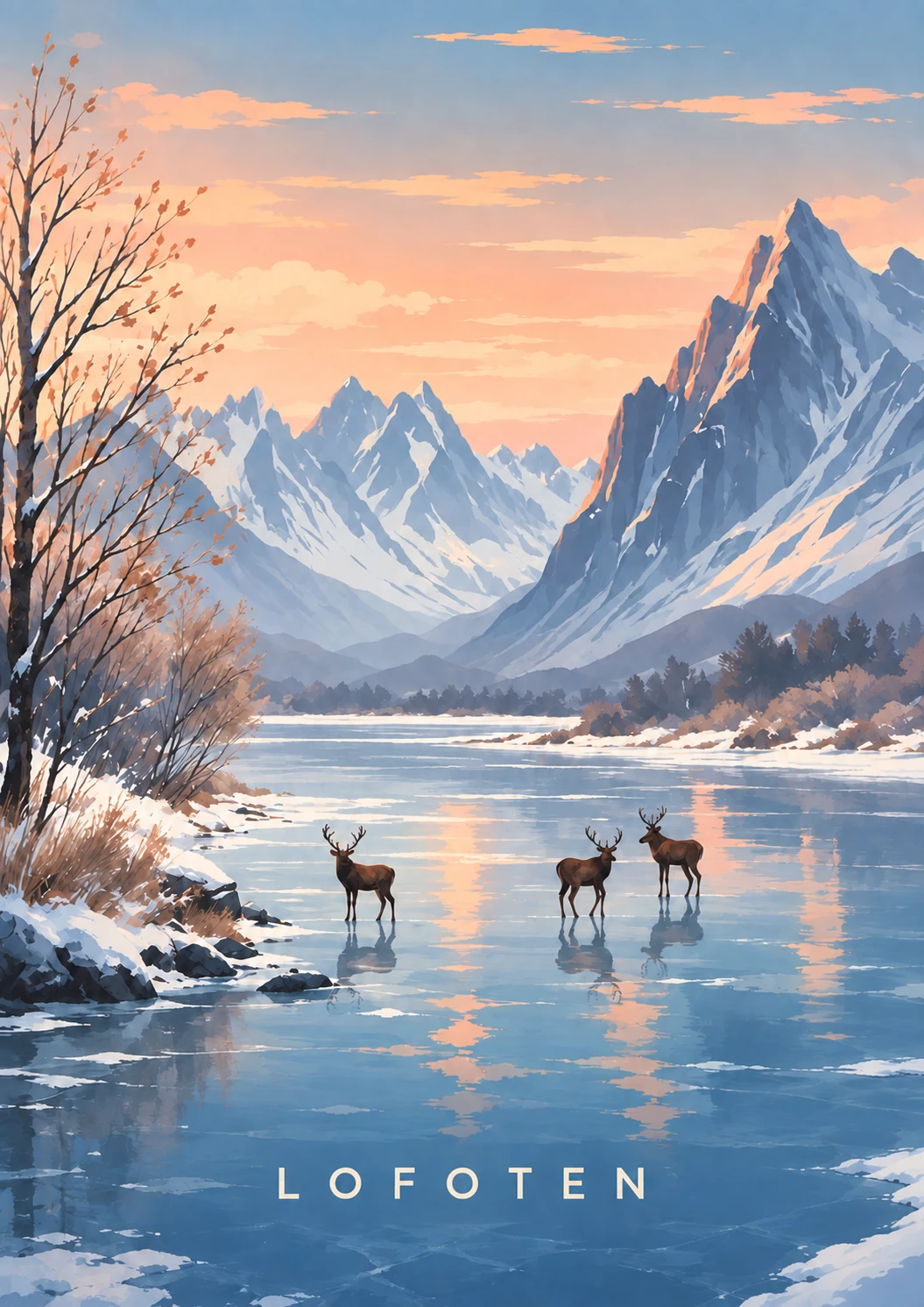 Winter Deer portrait illustration with LOFOTEN lettering