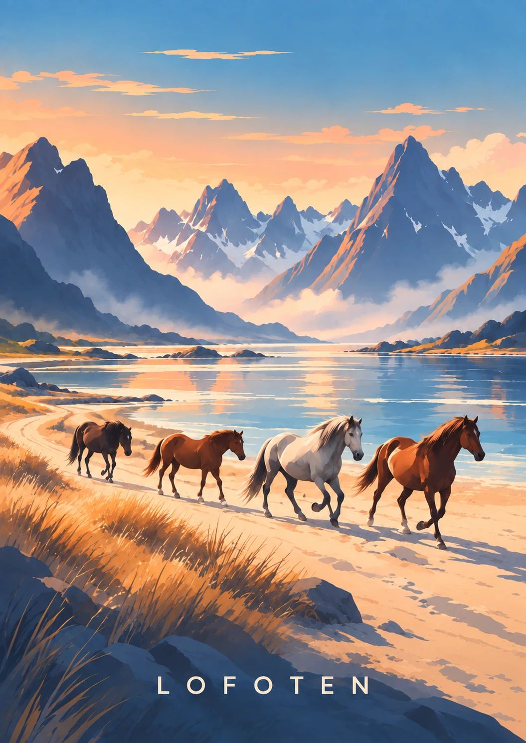 Coastal Horses portrait illustration with LOFOTEN lettering