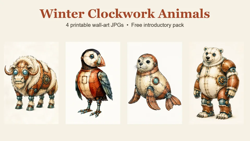 Musk ox, puffin, seal and polar bear portraits with gentle clockwork details on warm cream backgrounds