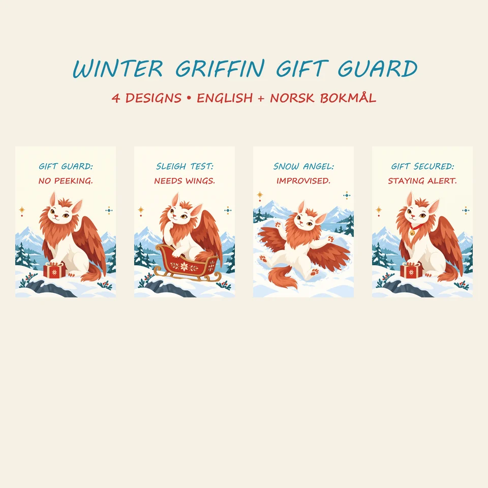 Four flat Scandinavian Christmas posters featuring winter griffins guarding gifts in snowy Nordic scenes