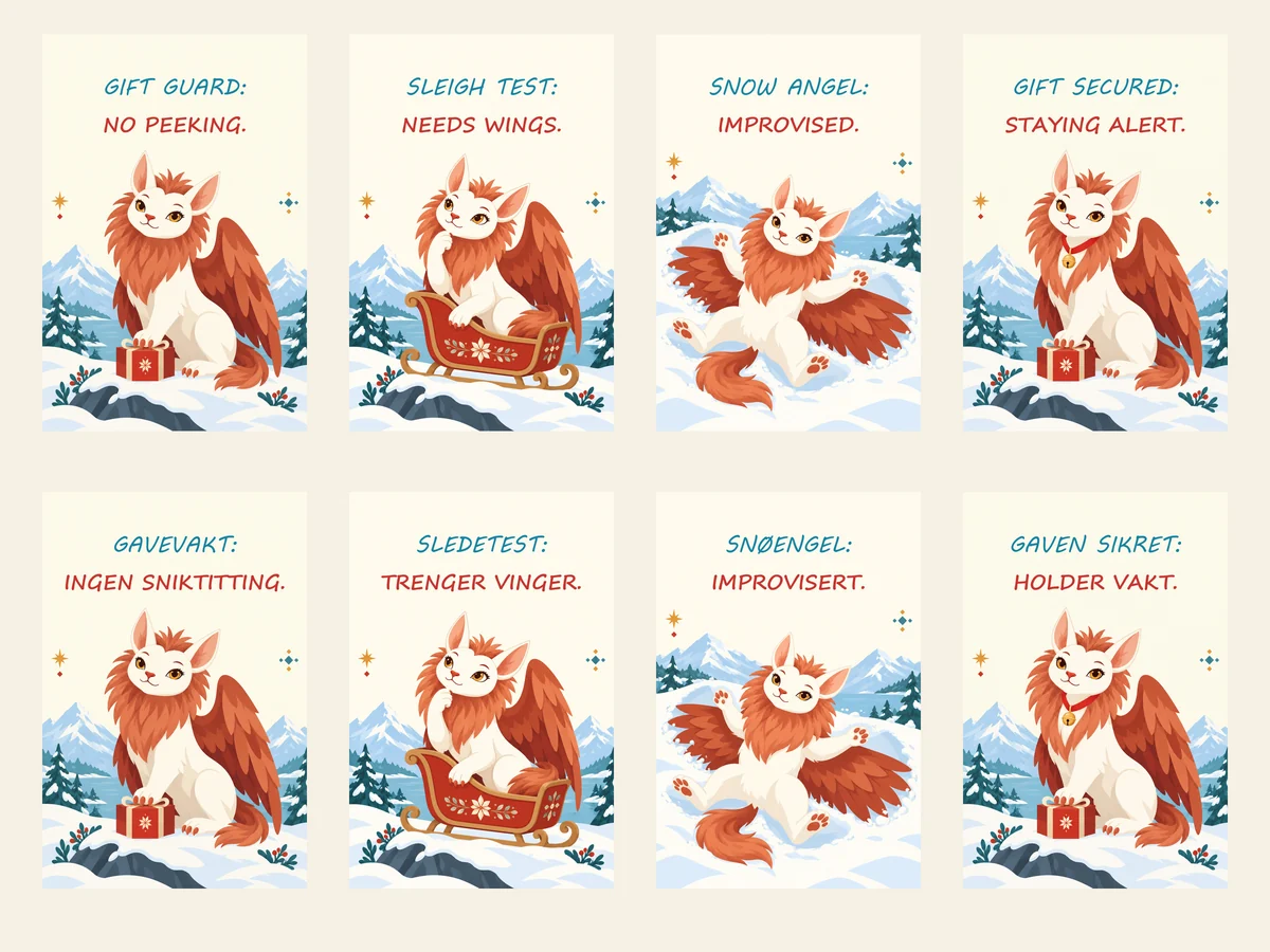 Bilingual gallery showing all eight four flat scandinavian christmas posters featuring winter griffins guarding gifts in snowy nordic scenes