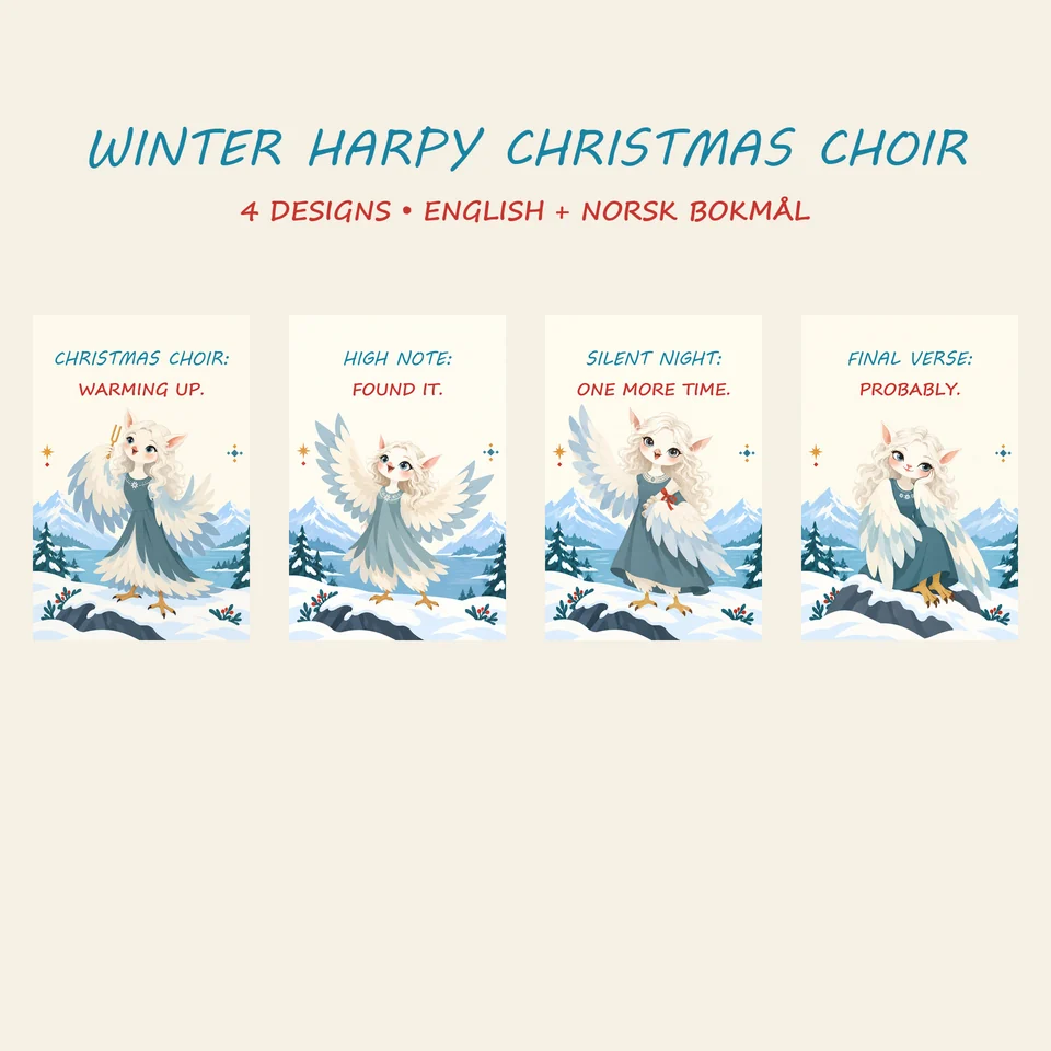 Four flat Scandinavian Christmas posters featuring winter harpies singing in a festive choir