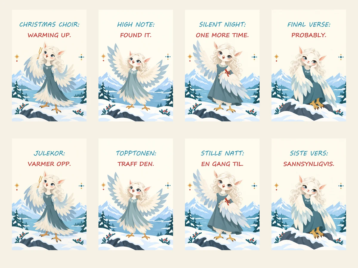 Bilingual gallery showing all eight four flat scandinavian christmas posters featuring winter harpies singing in a festive choir