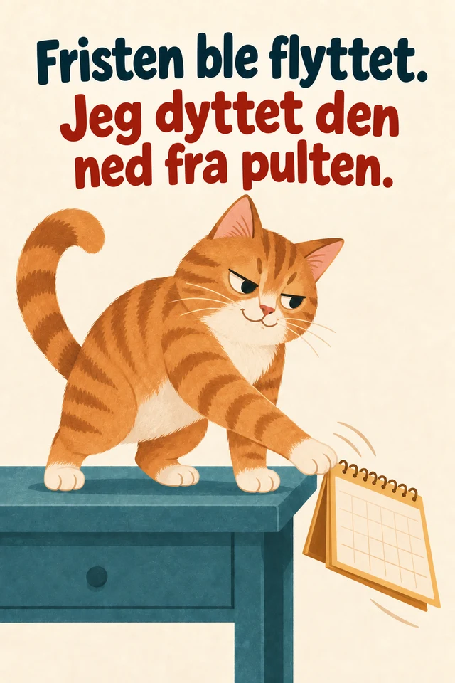 Fristen ble flyttet. Jeg dyttet den ned fra pulten.