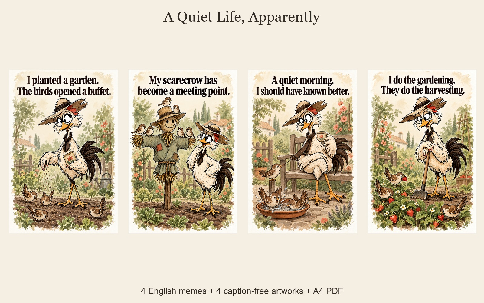 A Quiet Life, Apparently — four illustrated meme posters