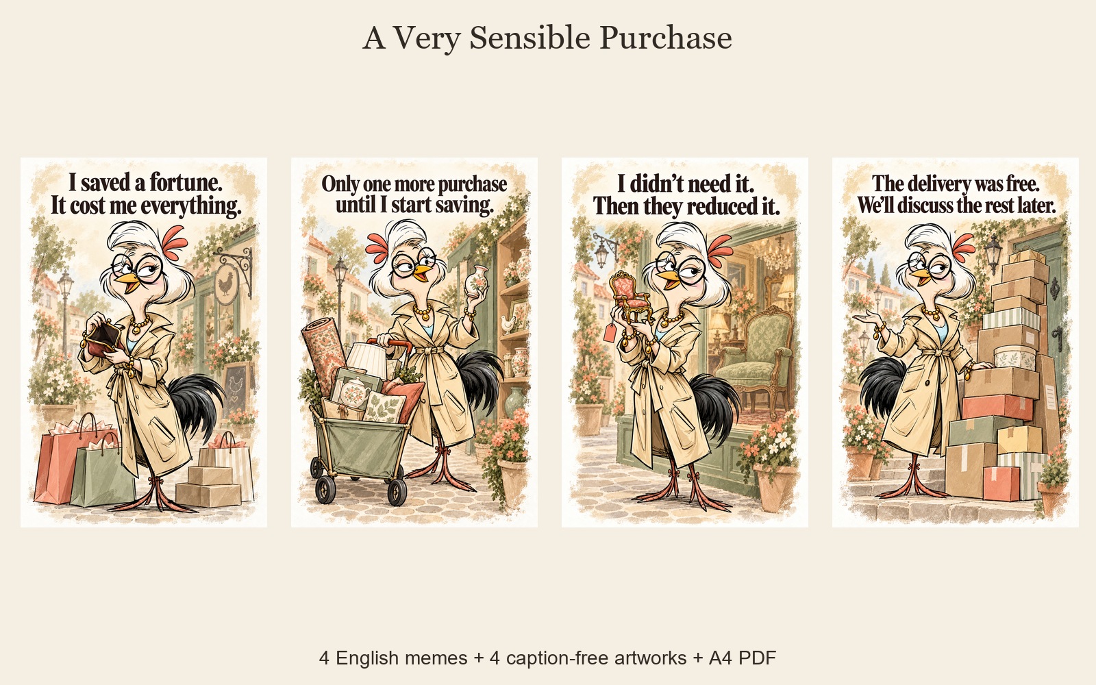 A Very Sensible Purchase — four illustrated meme posters