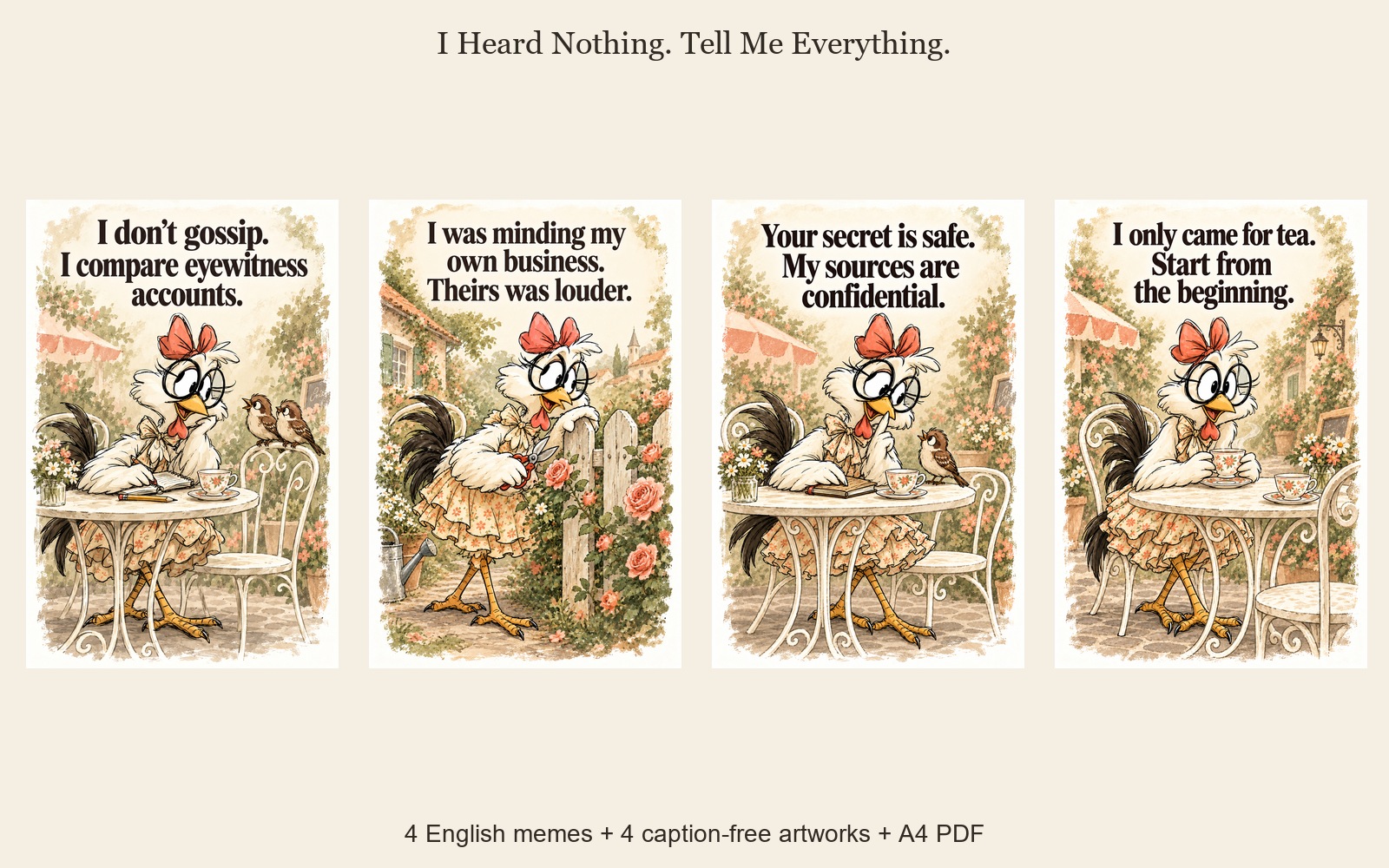 I Heard Nothing. Tell Me Everything. — four illustrated meme posters