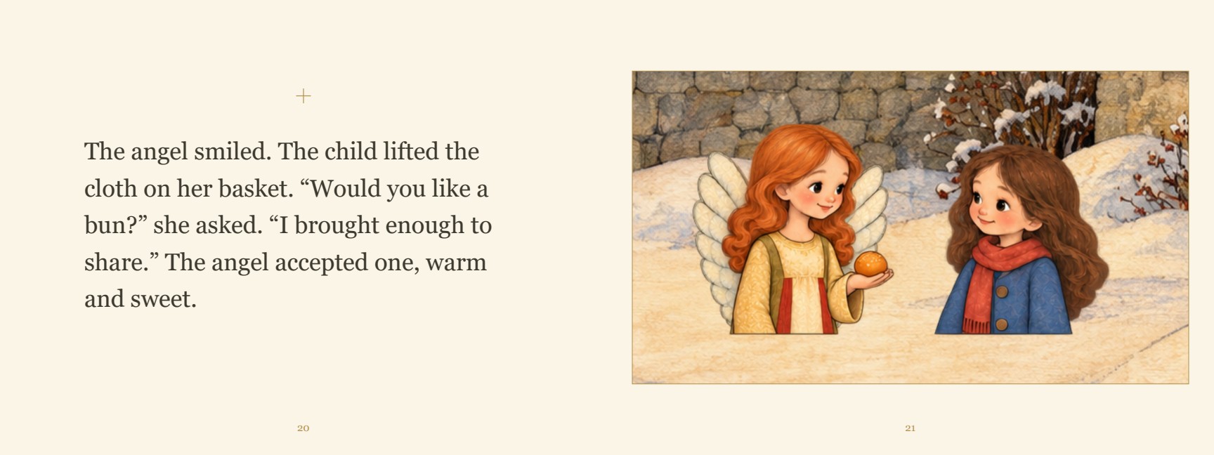 Storybook spread with English text on the left and illustration on the right