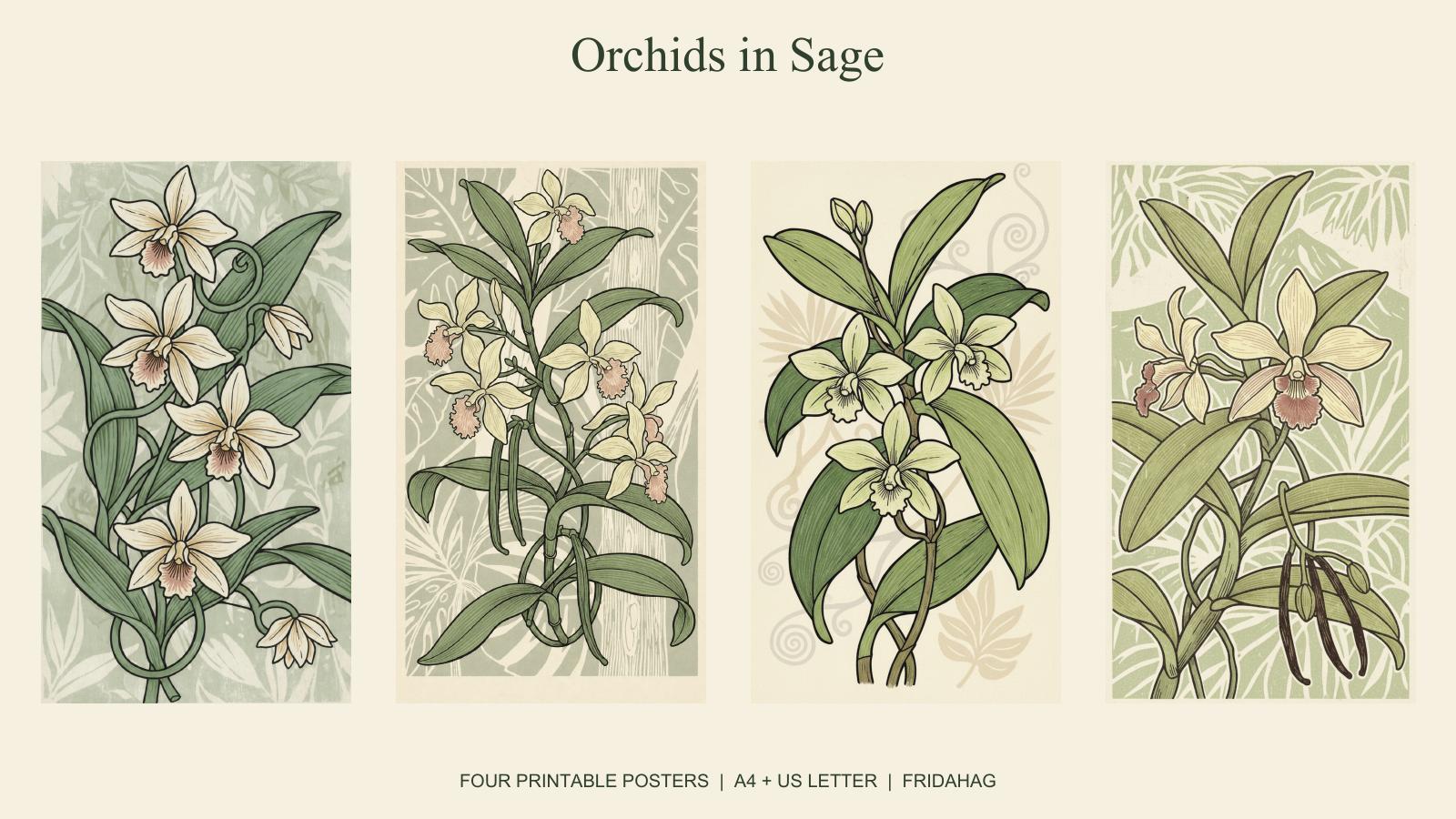 Orkideer i salviegrønt: four coordinated orchid illustrations
