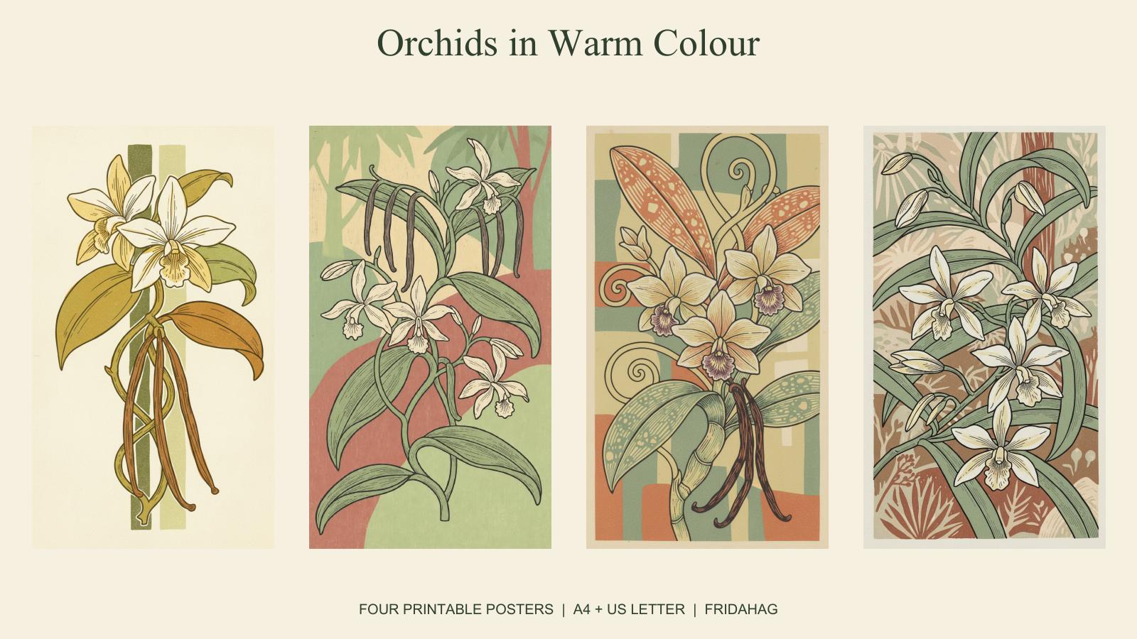 Orkideer i varme farger: four coordinated orchid illustrations