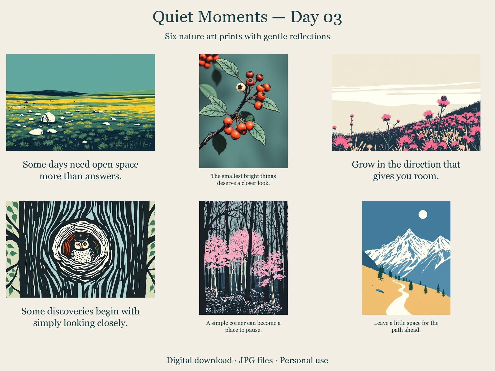 Quiet Moments · Day 03 · 6 JPGs + printing guide in one ZIP