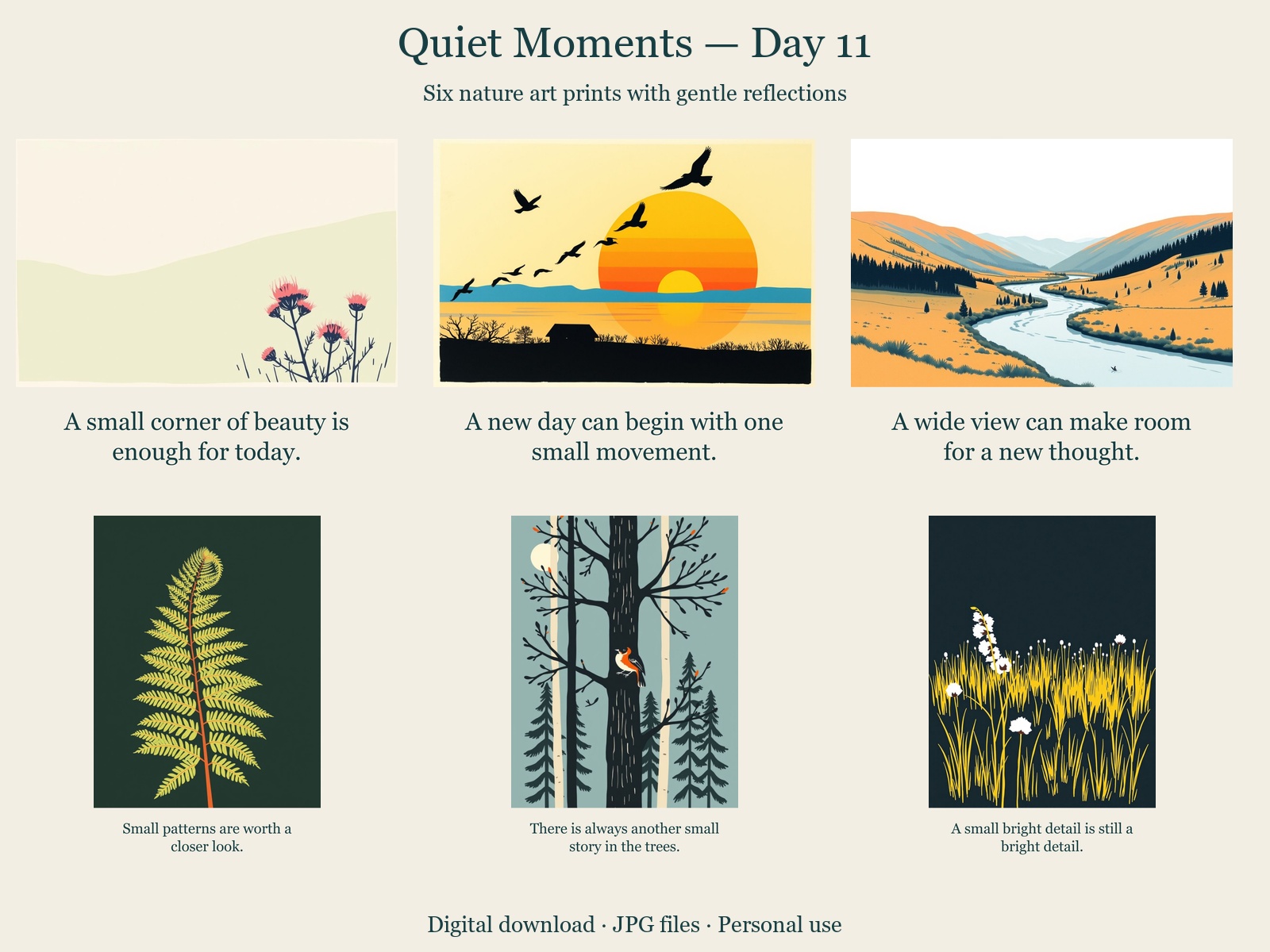 Quiet Moments · Day 11 · 6 JPGs + printing guide in one ZIP
