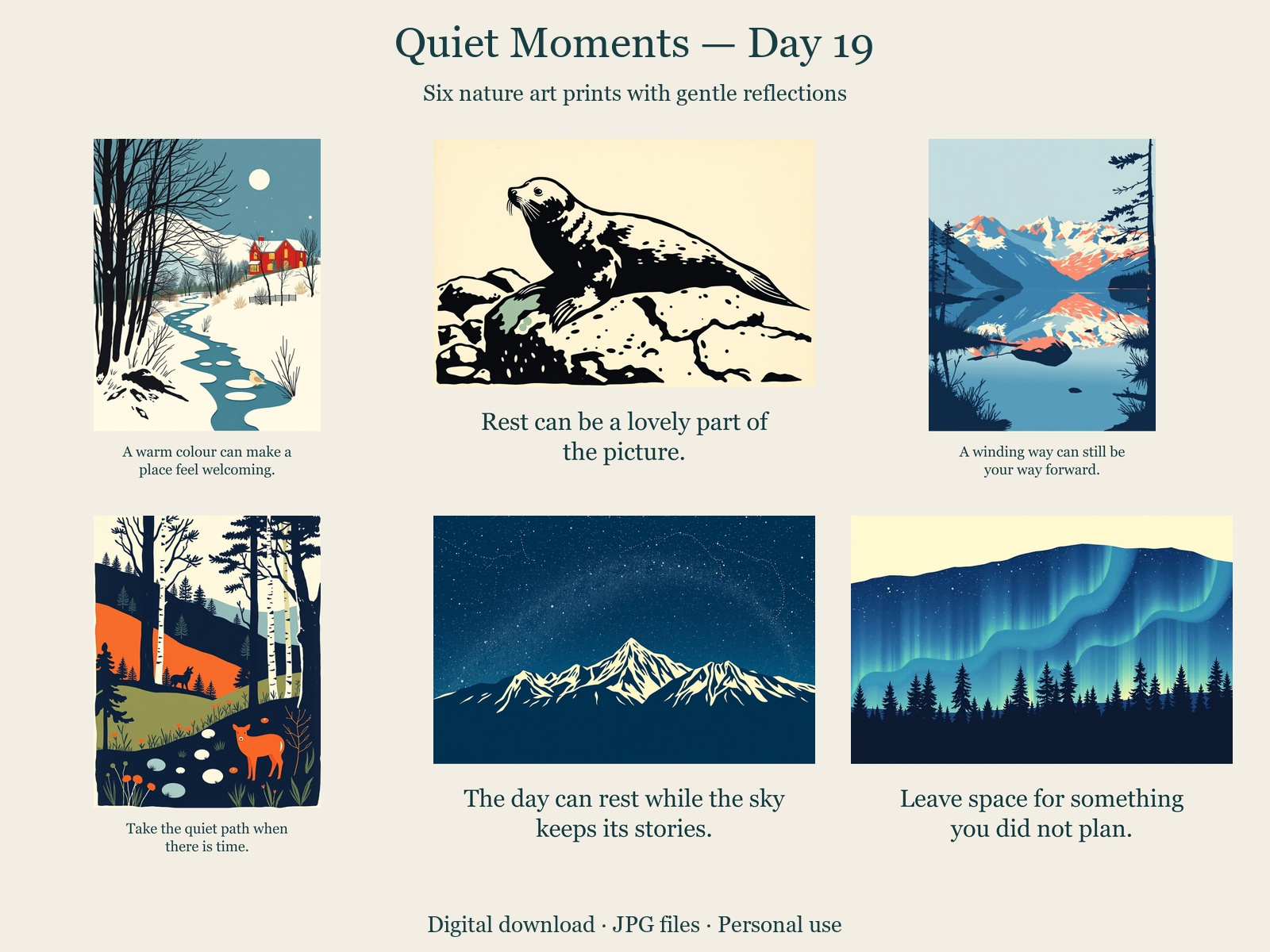 Quiet Moments · Day 19 · 6 JPGs + printing guide in one ZIP