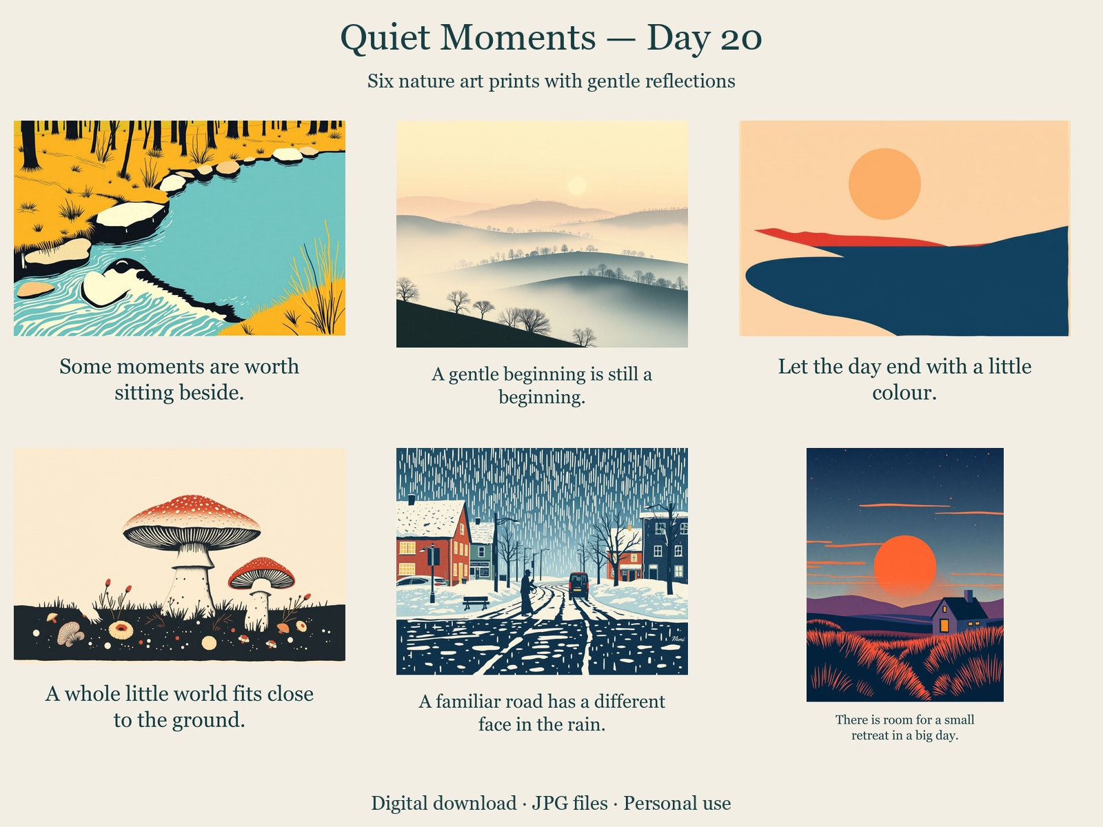 Quiet Moments · Day 20 · 6 JPGs + printing guide in one ZIP