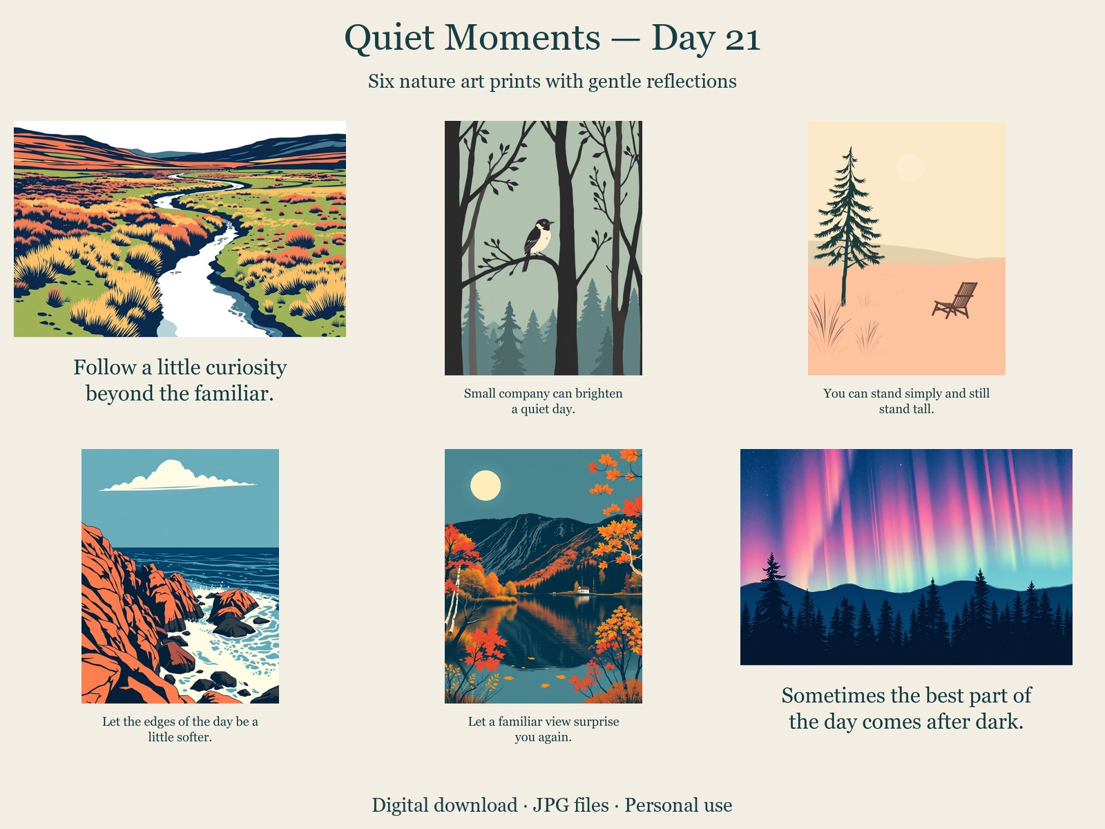 Quiet Moments · Day 21 · 6 JPGs + printing guide in one ZIP