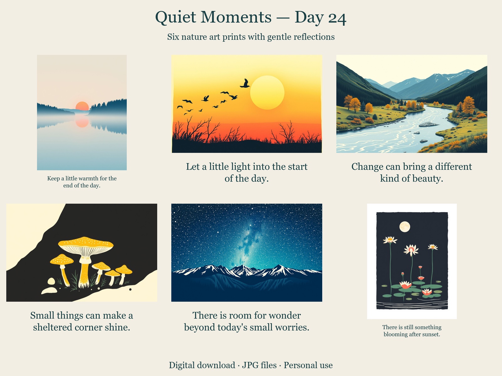 Quiet Moments · Day 24 · 6 JPGs + printing guide in one ZIP