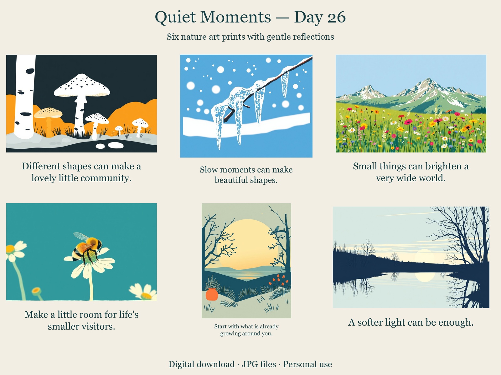 Quiet Moments · Day 26 · 6 JPGs + printing guide in one ZIP