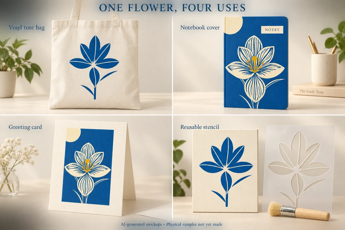 AI-generated product mockups: tote, notebook, card and stencil