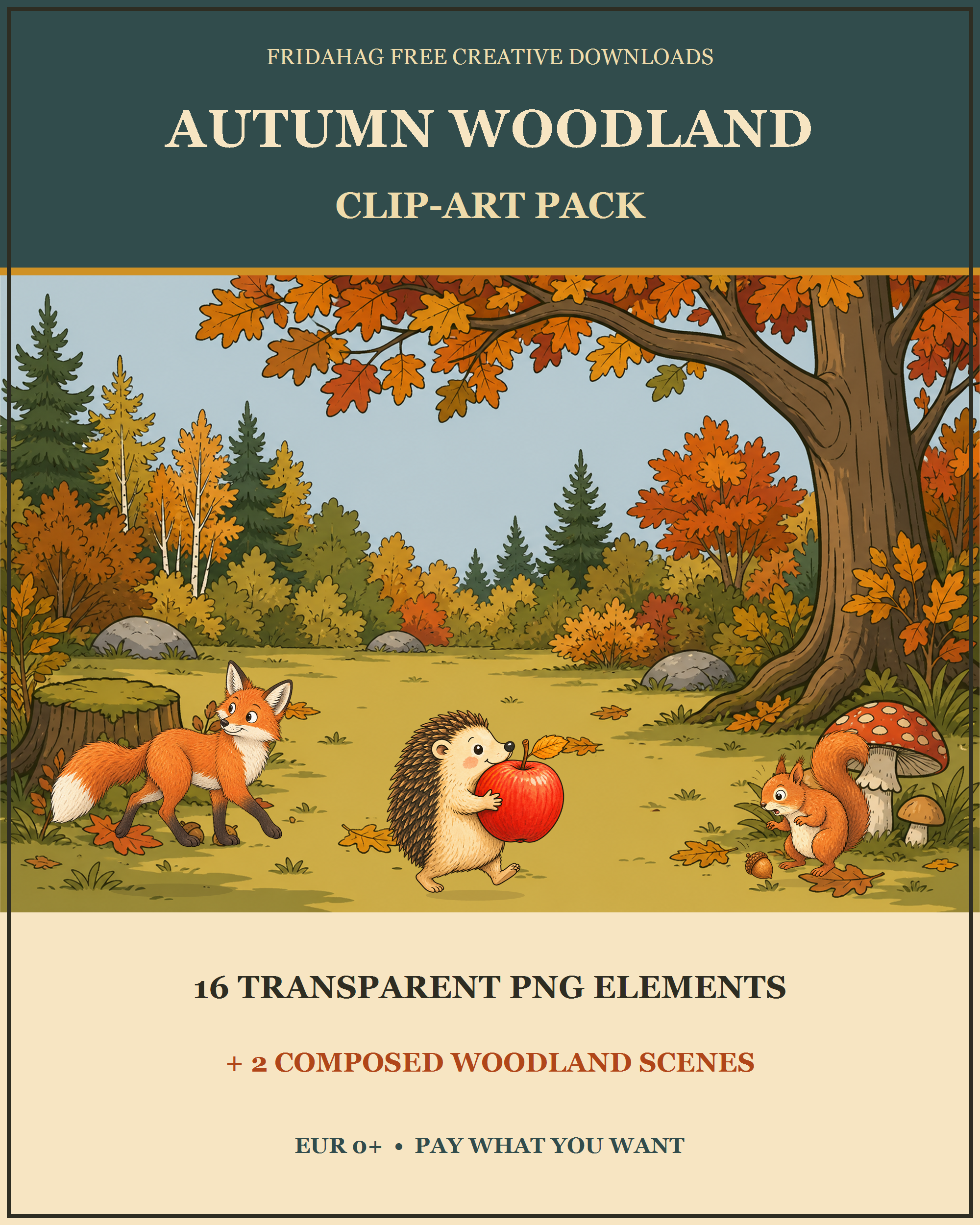Autumn Woodland Clip-Art Pack með refi, broddgelti og íkorna